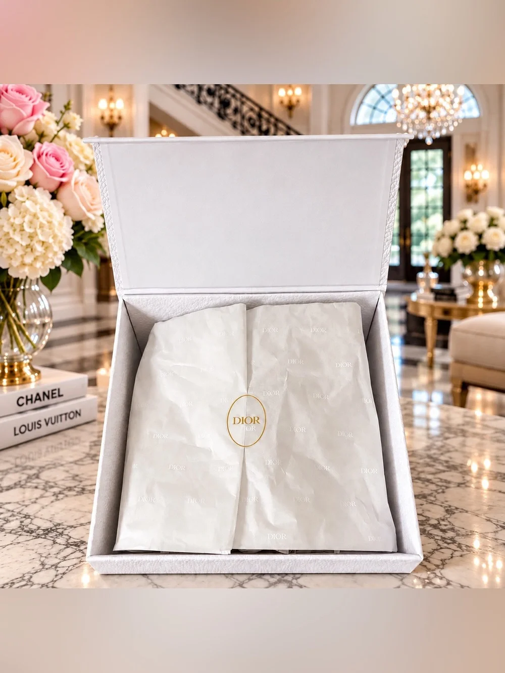 New Dior Medium Gift Box 9x9x4.5” White Textured Gold Logo Ribbon Holiday Card